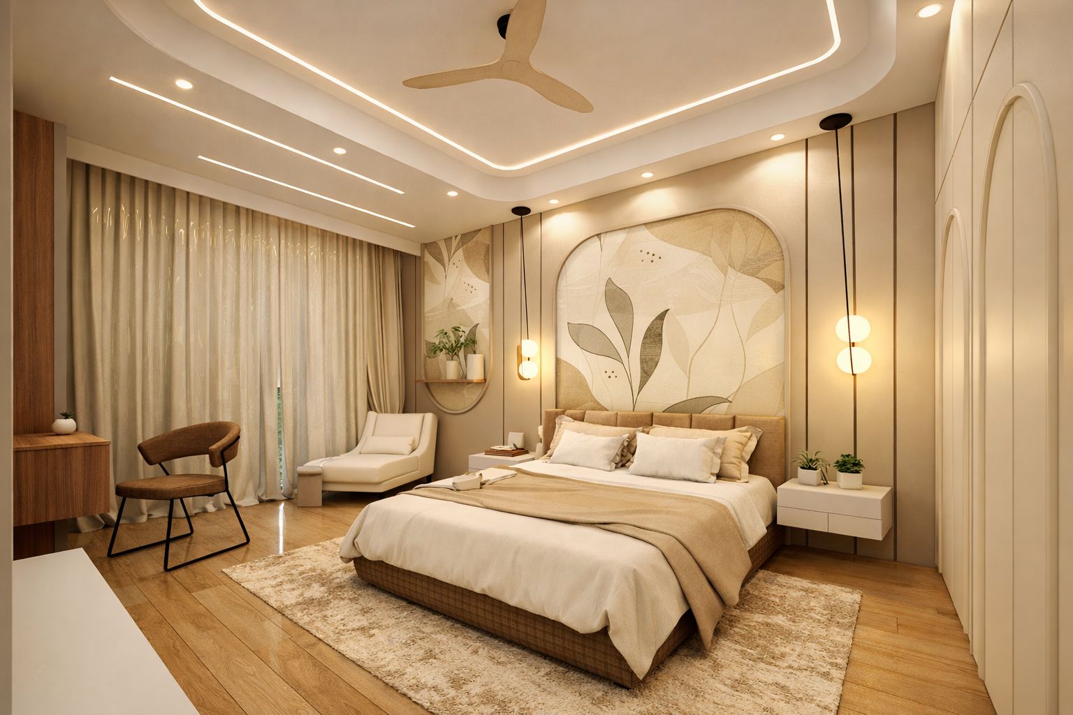 Bedroom with custom bed, wall panel and storage planning