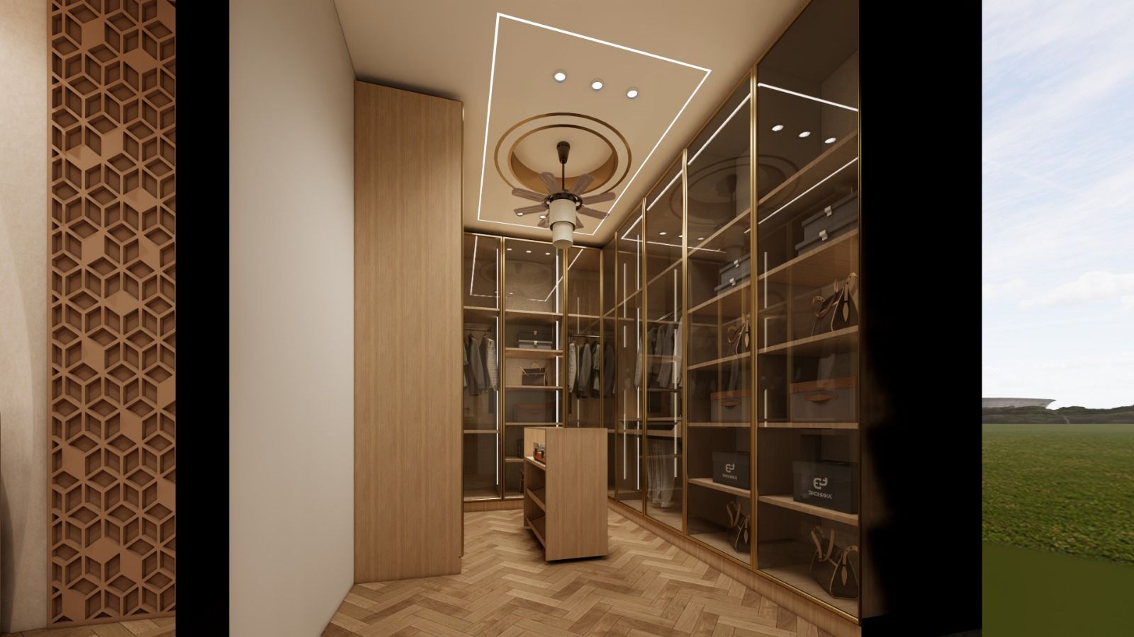 Walk-in wardrobe with shelves, hanging space and drawers