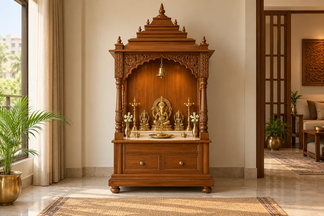 Carved Teak Temple — AI-assisted Mandir units concept