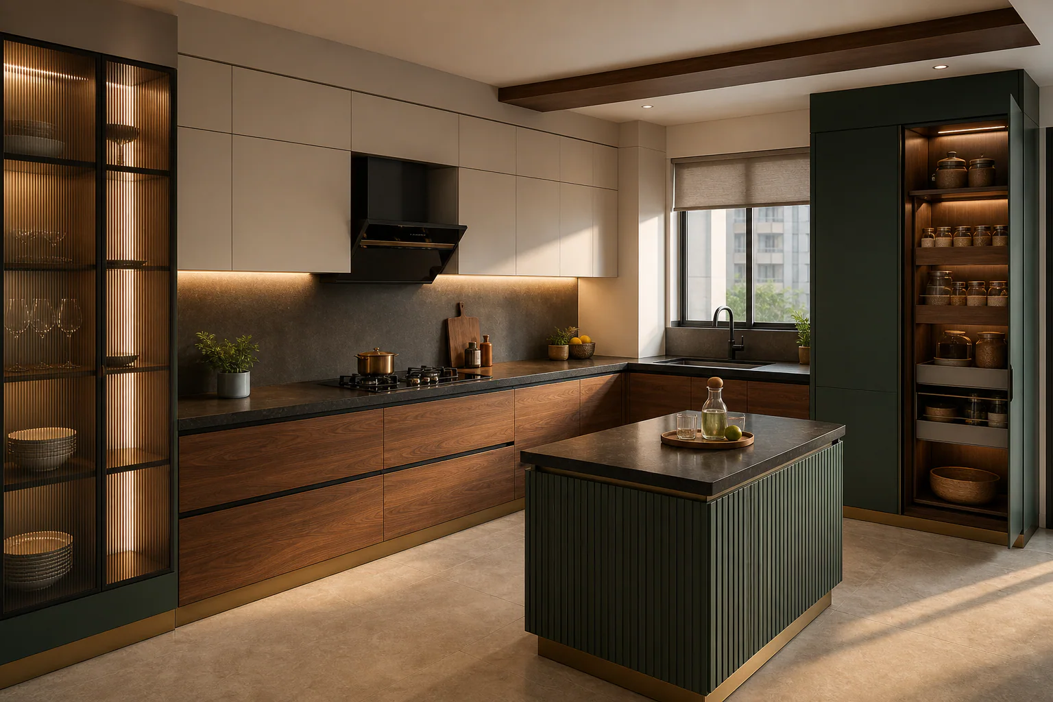Elegant modular kitchen with warm cabinetry